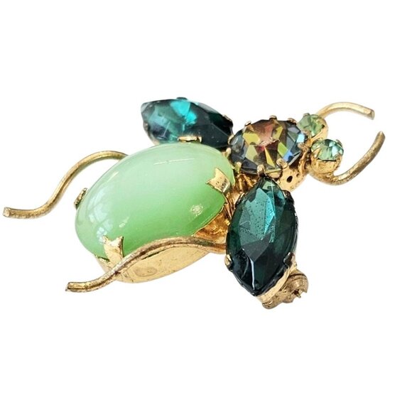 Austria Green Rhinestone Bug Brooch Pin, Uranium Glass, Domed Cabochon Pin, J32 - Picture 2 of 7